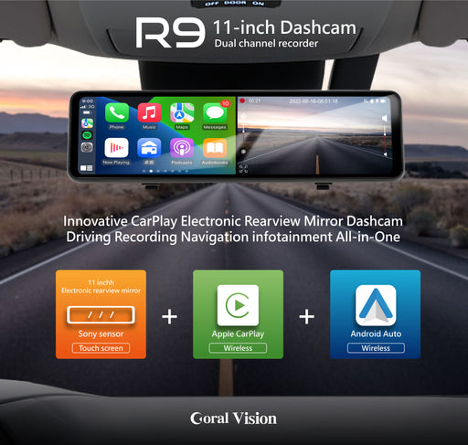 Coral Vision R9 - 4K Sony sensor Dual-lens Mirror Dashcam with CarPlay Android Auto function - International Tool Company