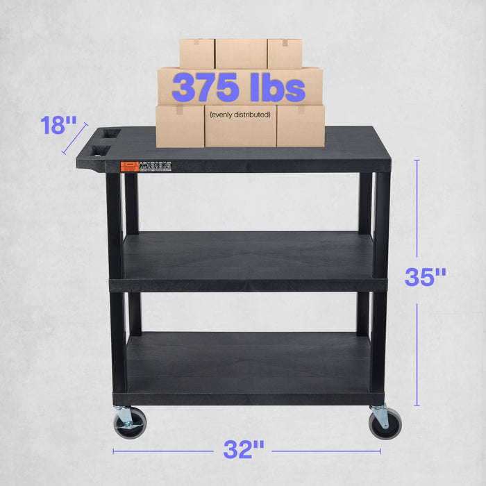 TUFFY® XL Three-Shelf Multi-Purpose Utility Cart, 32" x 18", Black, Flat Shelves - EC222-B - International Tool Company