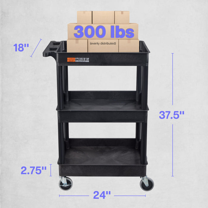 ENDURA® 34" H Three-Shelf Utility Cart, 24" W x 18" D, Black, Tub Shelves - STC111-B - International Tool Company