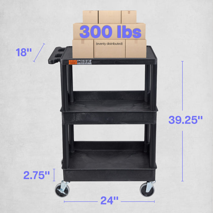 ENDURA® 34" H Three-Shelf Utility Cart, 24" W x 18" D, Black, Flat/Tub Shelves - STC211-B - International Tool Company