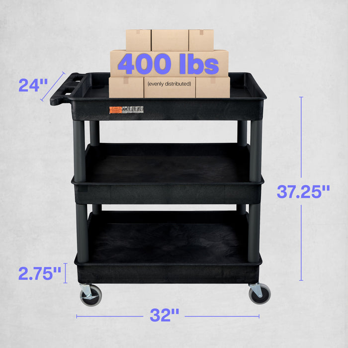 ENDURA® XL 34" H Three-Shelf Utility Cart, 32" W x 24" D, Black, Tub Shelves - TC111-B - International Tool Company