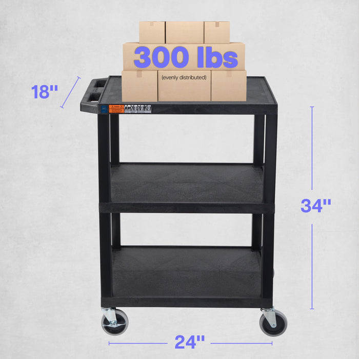 TUFFY® 34" H Three-Shelf Multi-Purpose Utility Cart, 24" W x 18" D, Black, Flat Shelves - WT34S - International Tool Company