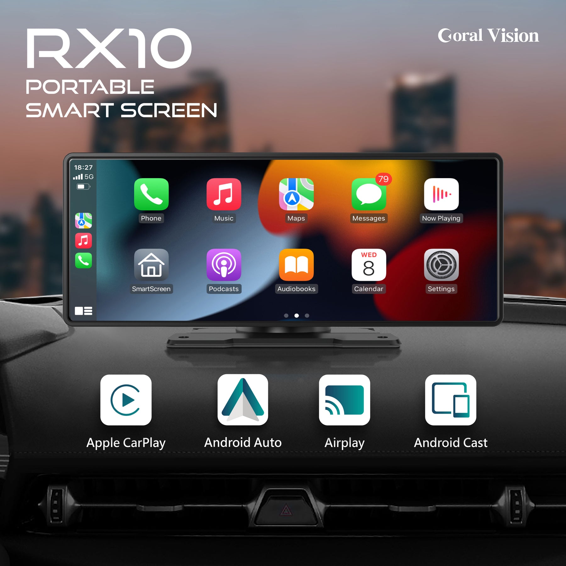 Coral Vision RX10 - 10-inch Portable Smart Screen for wireless CarPlay Android Auto Nondestructive Install - International Tool Company
